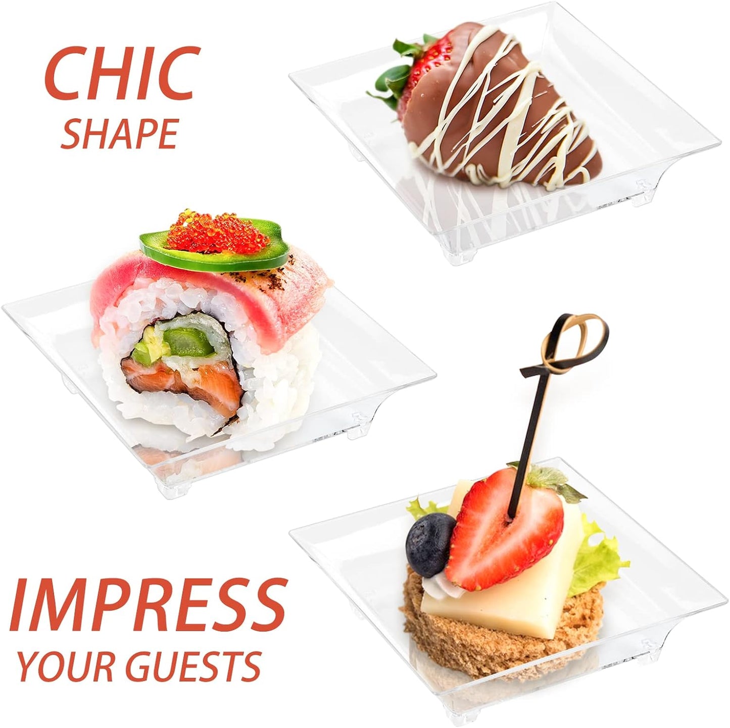 Qeirudu 100 Pack 1 oz Small Dessert Plates for Appetizers - Mini Plastic Plates with Spoons Reusable Square Appetizer Bowls Tiny Individual Serving Trays