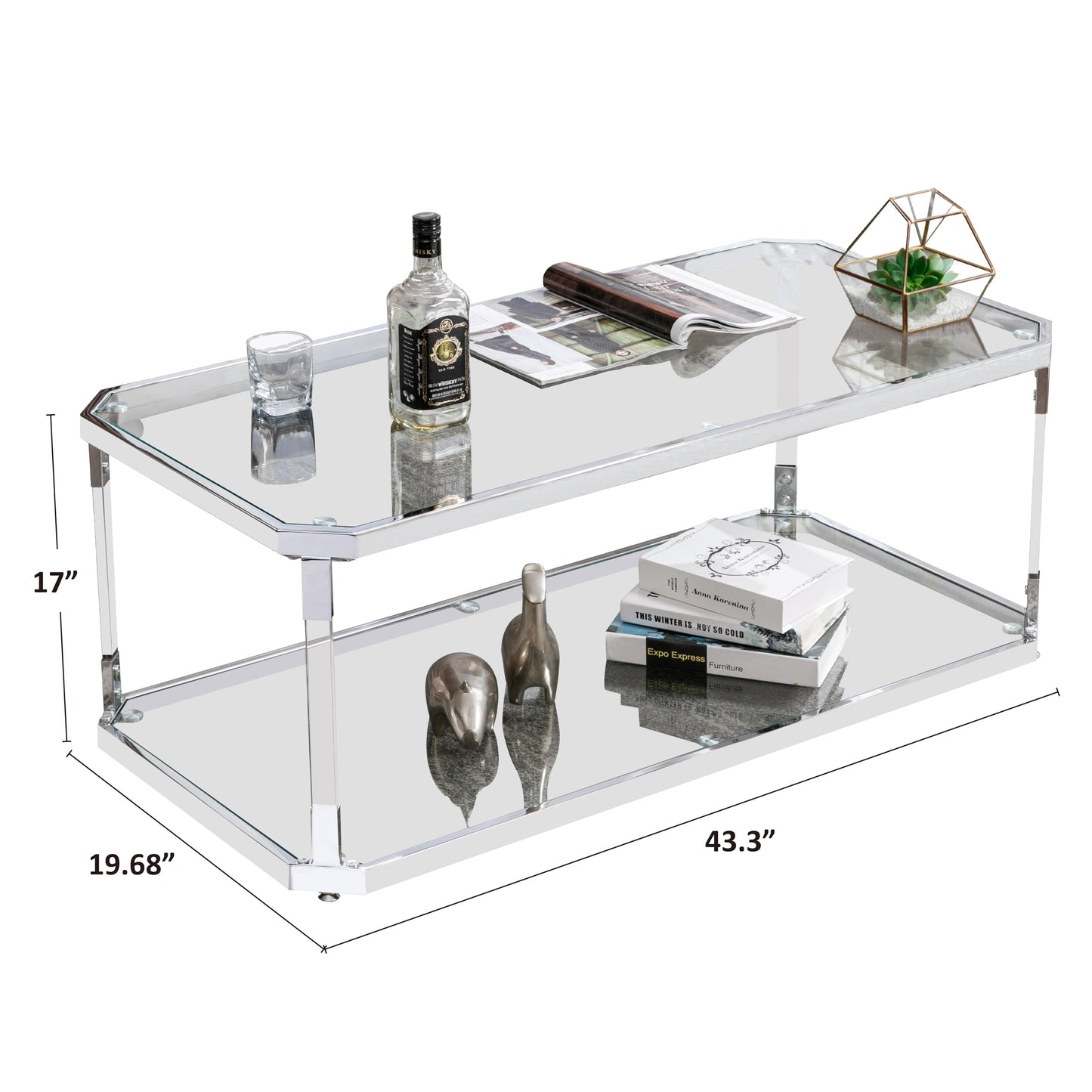 MINPINSER Glass Coffee Table, Clear Coffee Table with 2 Tiers, Acrylic Leg, Chrome Frame, Rectangular Center Table for Living Room (Chrome-New)