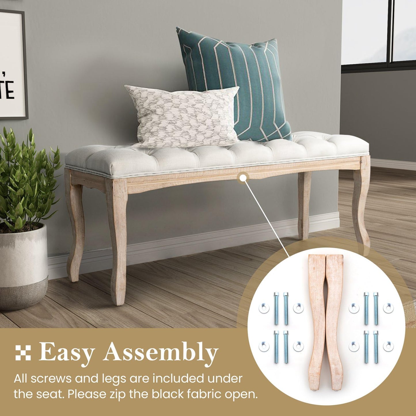 Crestlive Products Upholstered Tufted Bench, Wood Bed Ottoman Middle Century Modern Rectangular Footrest for Bedroom Entryway Channel (Beige)