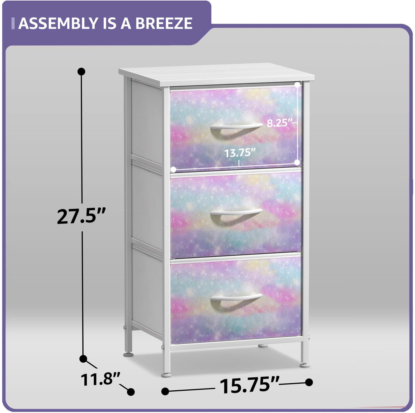 Sorbus Kids Dresser with 3 Drawers - Storage Chest Organizer Nightstand - Steel Frame, Wood Top, Tie-Dye Fabric Bins for Clothes - Wide Furniture for Bedroom, Hallway, Nursery, Closet, & Apartment