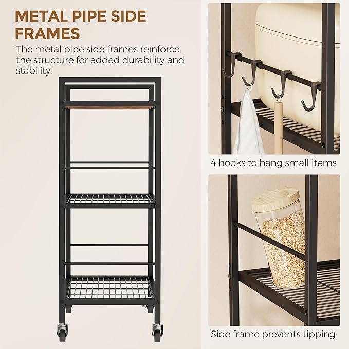 XIVIRACK 3-Tier Metal Storage Rack with Industrial Wheels,Mesh Shelving Unit with Wooden Table top,Adjustable Shelf,23.6-Inch Width,15.8-Inch Depth, for Kitchen, Laundry,Pantry,Plant,Black