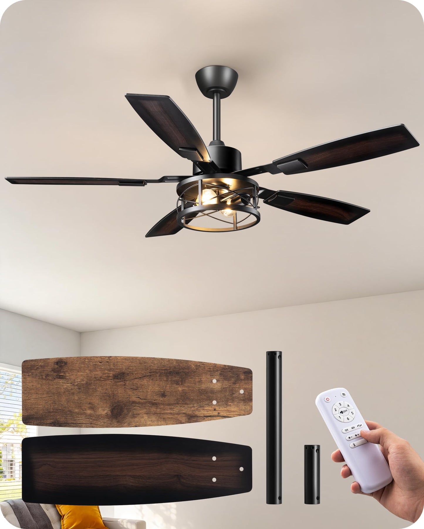 EDISHINE 52" Farmhouse Ceiling Fans with Lights and Remote, 10%-100% Dimmable, Reversible DC Motor, 6 Speed, 5 Wooden Blades, Timer, Rustic Caged Fandelier Ceiling Fan for Living Room, Bedroom