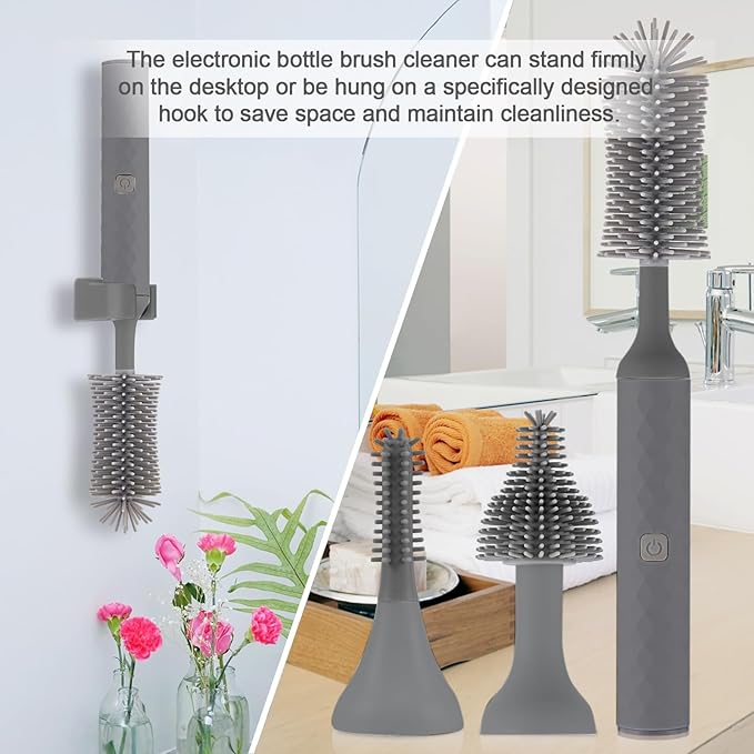 Electric Bottle Brush, 4 Piece Bottle Brush Set with Baby Bottle Brush Cleaner, Nipple Brush, Pacifier Cleaner, Straw Cleaner Brush, Gifts for Newborns and Mothers, Grey