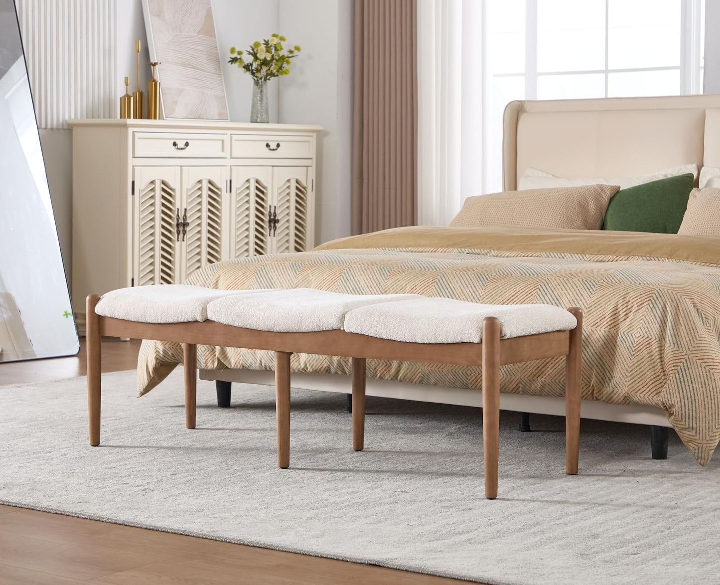 ROCITY 55 Inch End of Bed Bench Extra Long Padded Entryway Bench with Natural Wooden Frame/Chenille Fabric Modern Upholstered Oversized Ottoman for Bedroom, Living Room, Beige