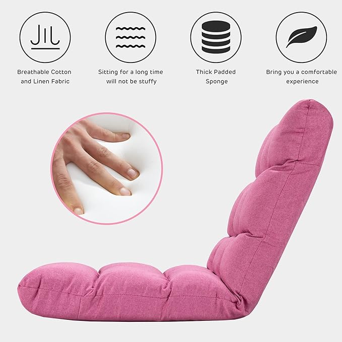 GORELAX Floor Chair with Back Support, 14-Poistion Adjustable Folding Gaming Chair Recliner, Meditation Chair with Steel Frame, Padded Lazy Sofa Chair for Adults, Kids (Pink)