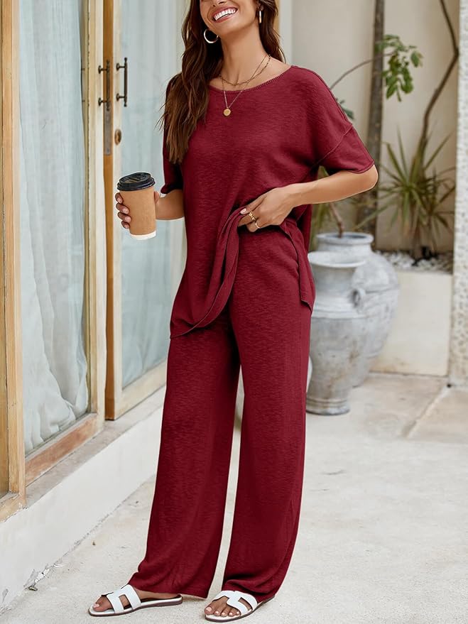 Tankaneo Women's 2 Piece Travel Outfits Casual Short Sleeve Knit Sweater Set Wide Leg Pants Lounge Sets Tracksuit