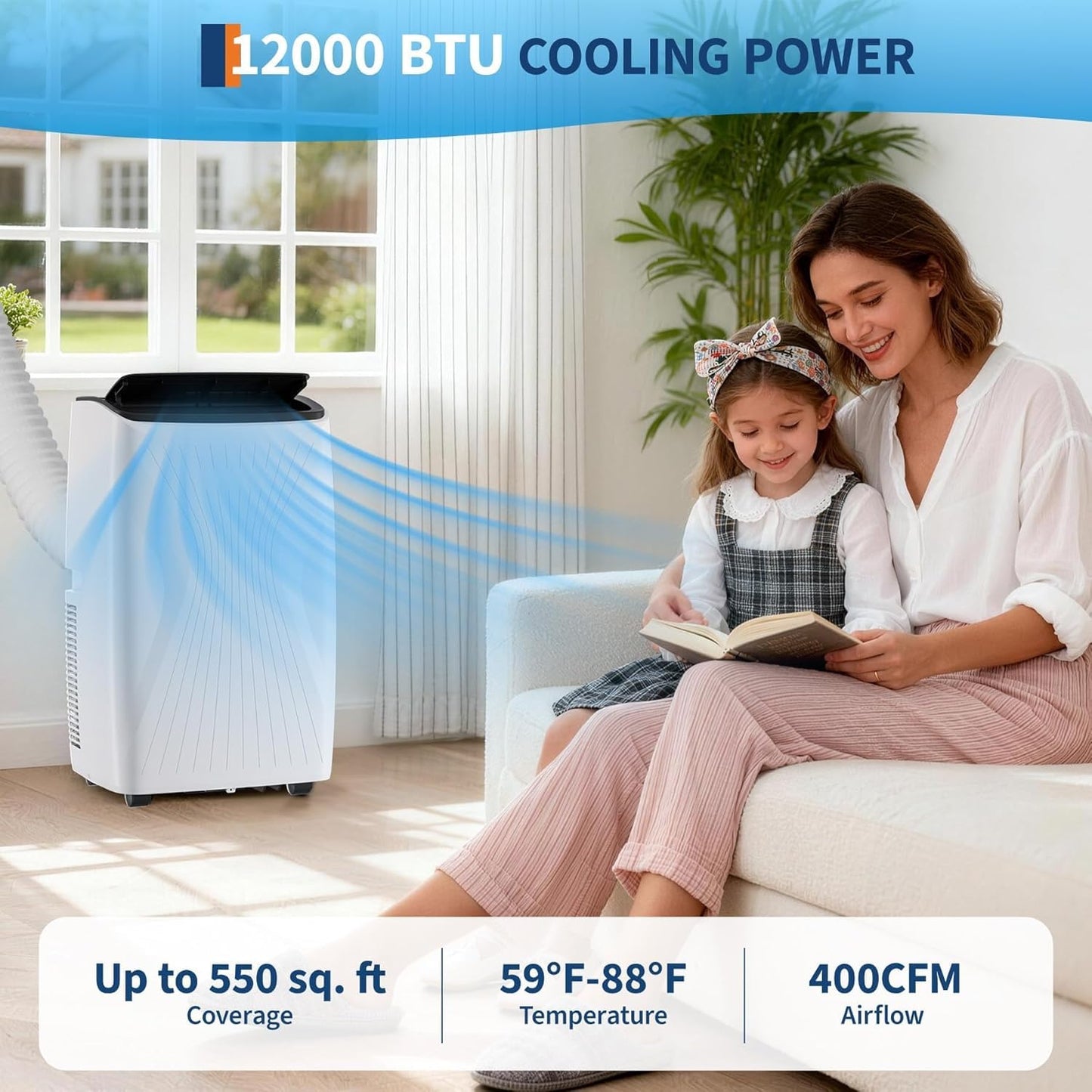 Portable Air Conditioner, 12000 BTU 5-in-1 Portable AC Unit, Cool Fan & Dry Remote Control Up to 550 Sq ft LED Display