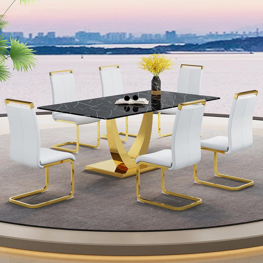 Dining Set of 6 Chairs and Table, 71'' Black Dining Table Set for 6, Faux Marble Dining Room Table Set & Ergonomic Chairs for Dining, Tempered Glass Top with U-Shaped Leg and Stainless Steel Base