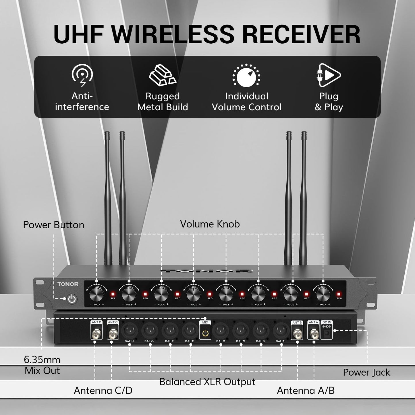 TONOR Wireless Microphones System with 8x12 Channels Cordless Handheld Microfono Inalambrico, 295FT UHF Range, Mics with Stable Signal, Quick Mute for Karaoke Singing Party Church Wedding PA Speaker