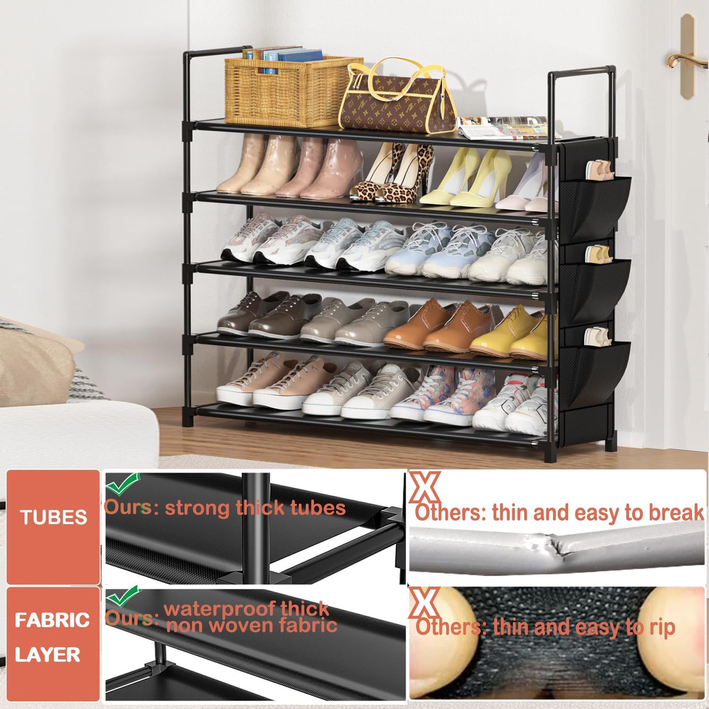 OYREL Shoe Rack 5 Tier Shoe Organizer Storage 20-25 Pairs Shoes Rack for Closet Shoes Rack Organizer Entryway Shoe Holder Space Saving Shoe Shelf Shoe Stand Large Tall Shoes Tower Garage Door