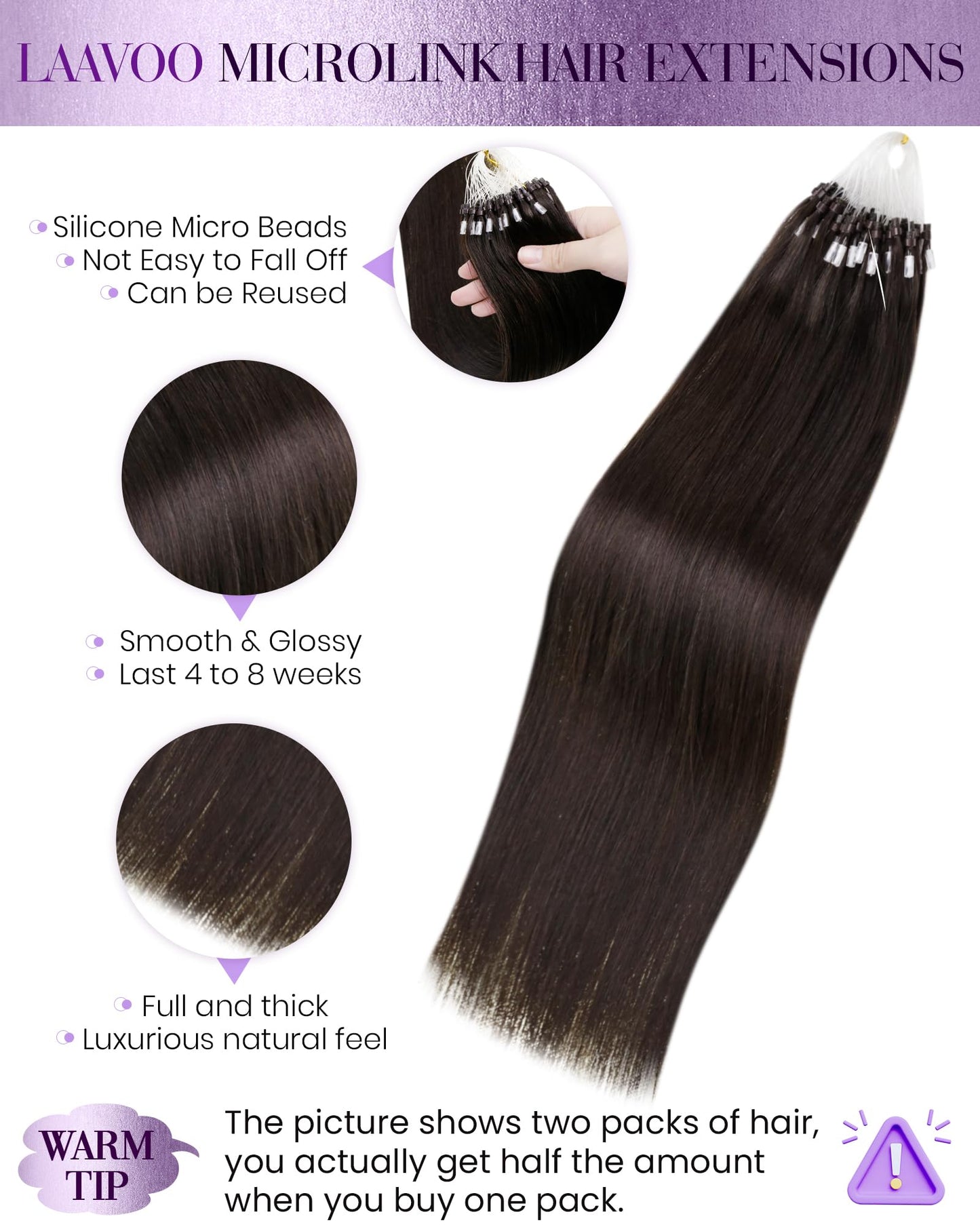 LaaVoo Micro Link Hair Extensions Human Hair Darkest Brown Micro Bead Hair Extensions Human Hair Solid Color Micro Loop Hair Ext