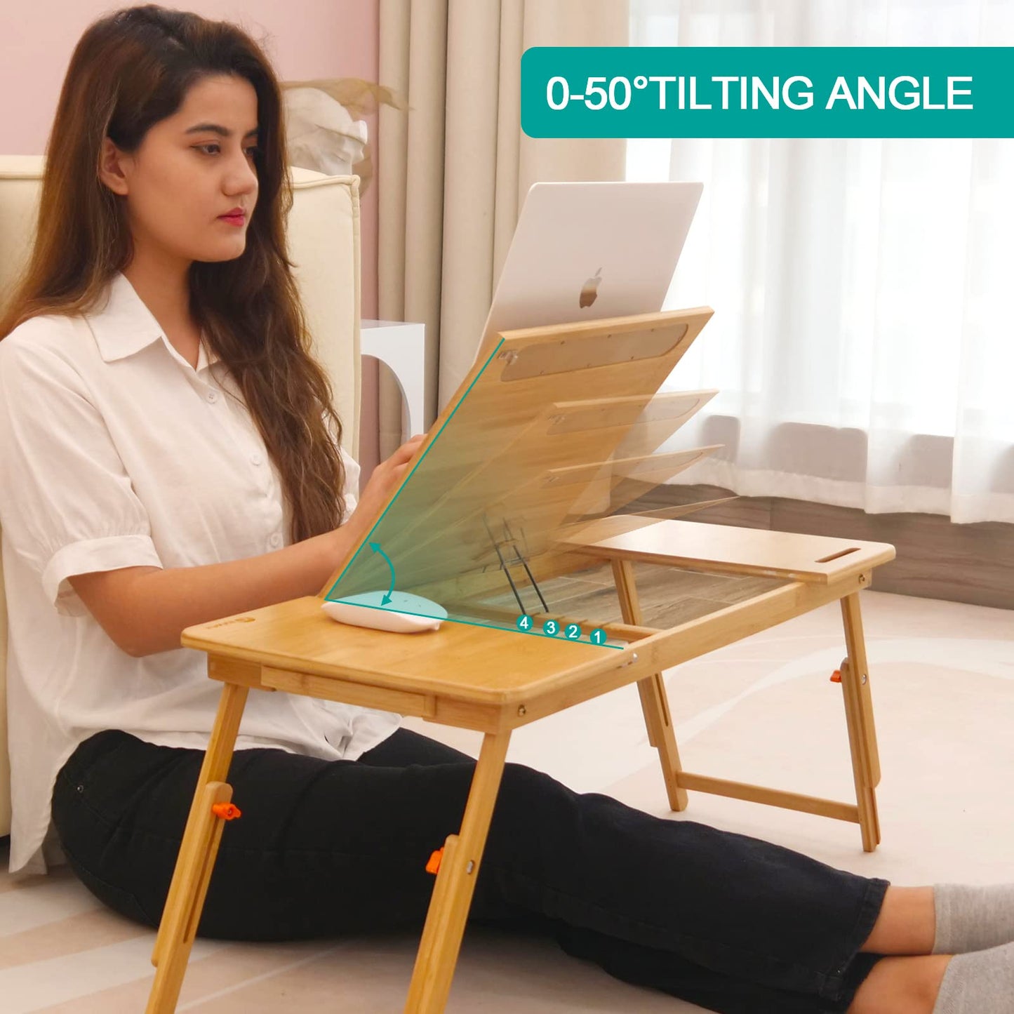 Laptop Desk for Bed, COIWAI Laptop Bed Tray, Bamboo Lap Desk with Tablet Slot, Adjustable Height Angle, Foldable Tray for Sofa Couch Floor, with Storage Drawer - Large
