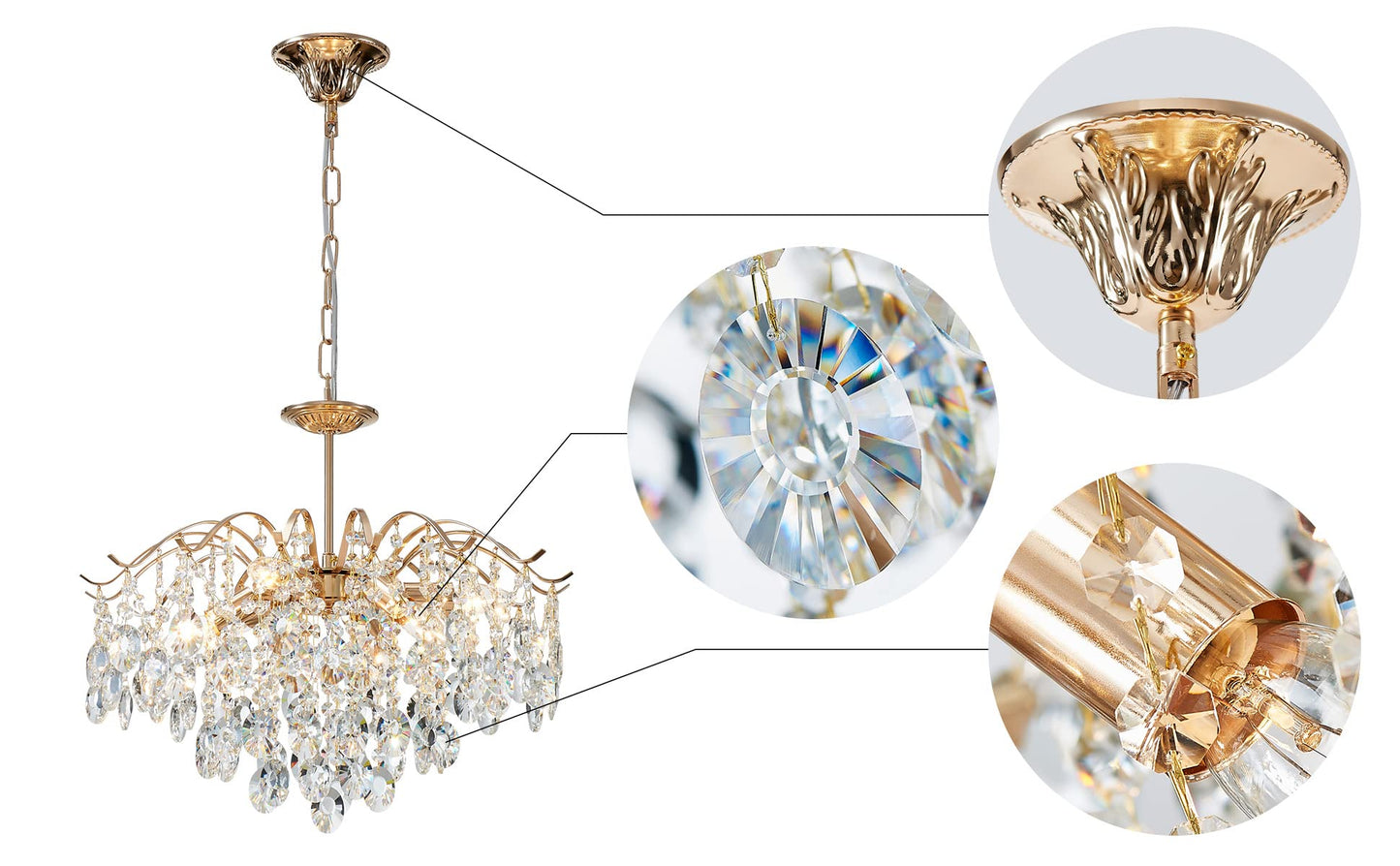 Saint Mossi 6-Light Gold Crystal Chandeliers, Middle Century Dining Room Light Fixture, Modern Pendant Light for Living Room, D20 x H17, Adjustable Chains 59", Chopper Finish Metal Frame