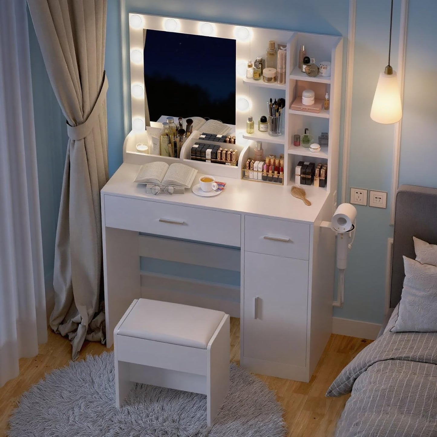 REFGY White Vanity Desk with Mirror and Lights, Makeup Vanity Desk with Lights 3 Colors, Dressing Table with 10 Bulbs, Power Outlet 2 Drawers Vanity Stool Makeup Table Set for Bedroom, Dressing Room