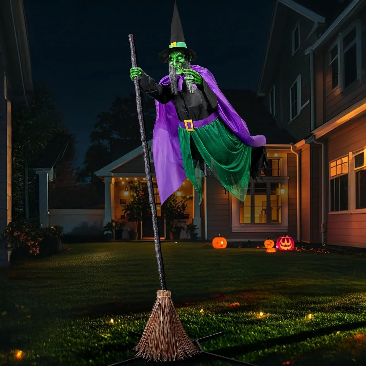 Halloween Decorations Outdoor - 6 Ft Animated Hovering Witch Animatronics Prop with Sound & Touch Activated Sensor - Spooky Scary Decor for Home Outside Garden Yard Lawn Green