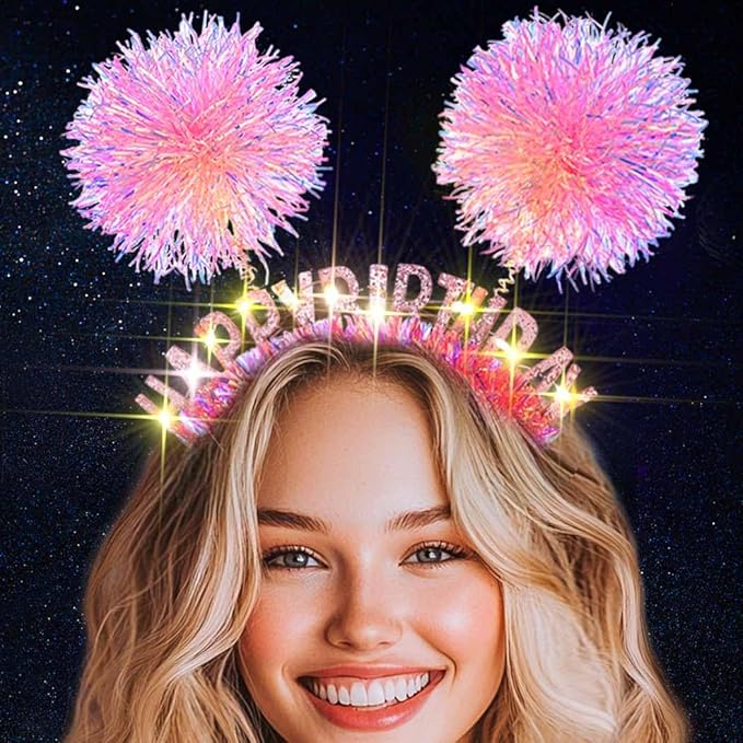 Uranian Light Up Happy Birthday Headbands Led Glitter Pompom Hairbands Glow Birthday Party Hair Accessories for Women