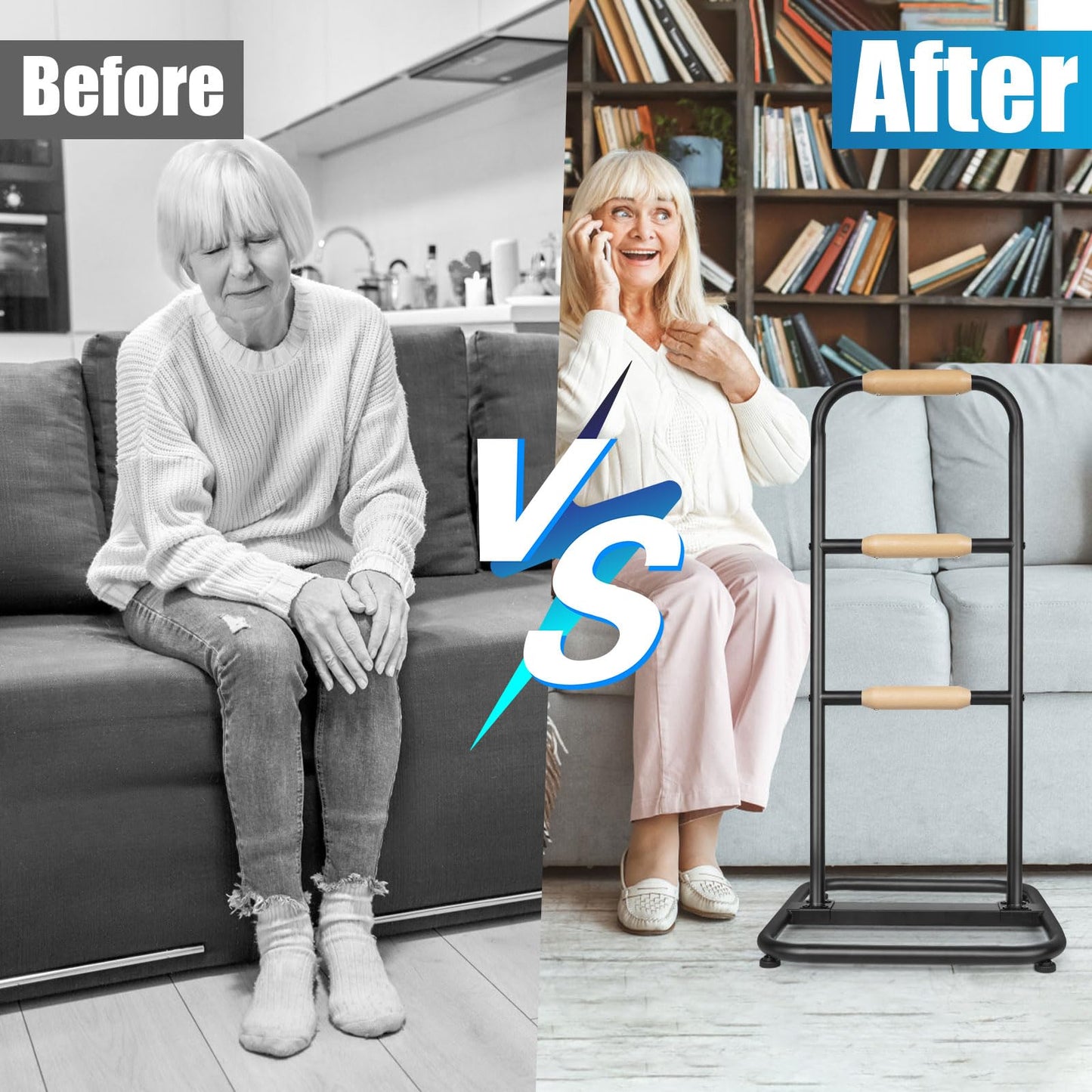 yeezoo Couch Stand Assist with Wooden Handles, Chair Sofa Stand sssist for Seniors, Standing aids & Supports Assist Devices for Elderly sit to Stand(400LBs Loading, 3 Heights, Matt Black)
