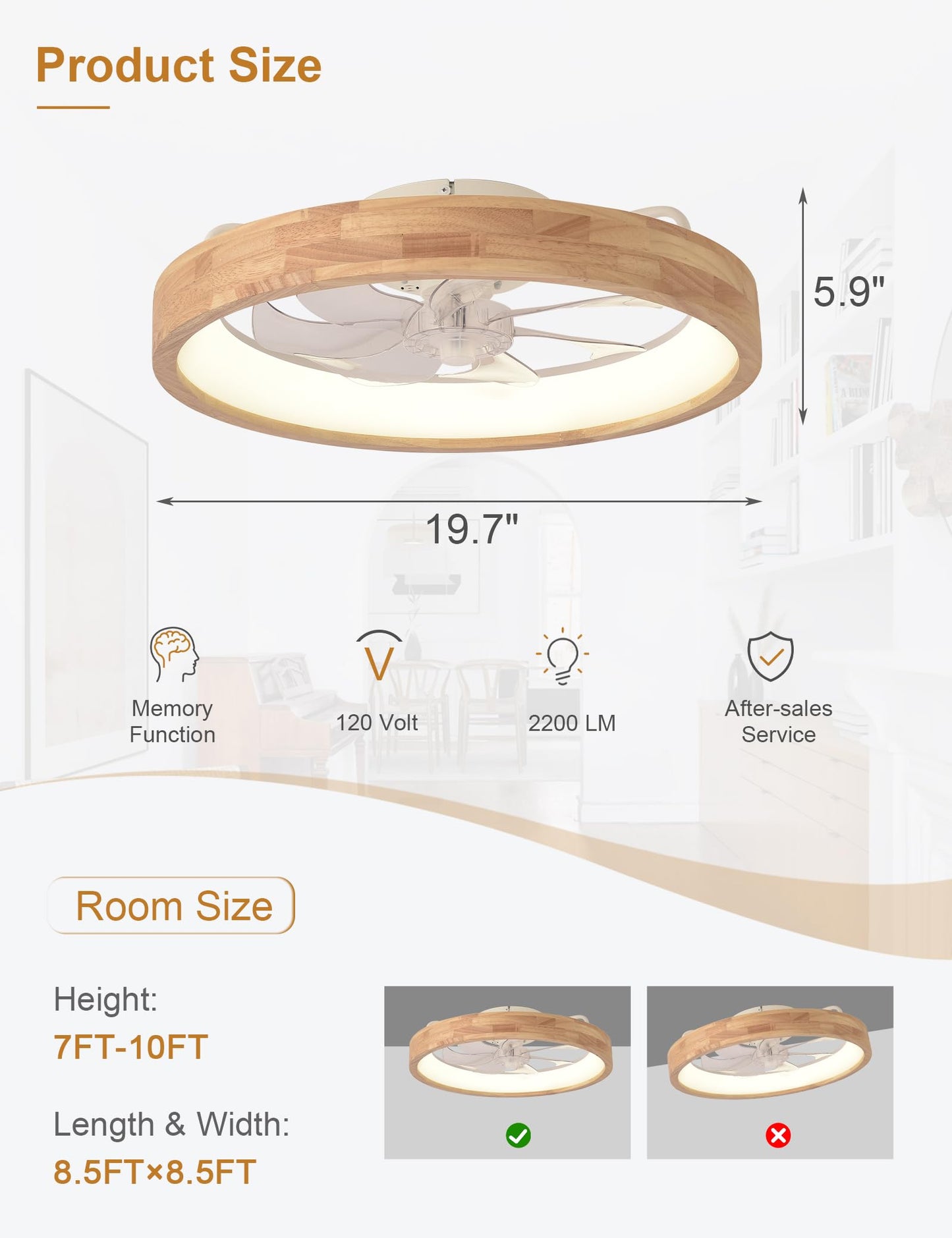 Curve Curio 20'' Low Profile Ceiling Fans with Lights Modern Flush Mount Wood Ceiling Fan and Remote Dimmable LED