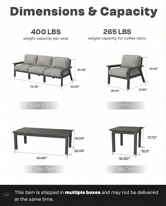 Patio Kingdom 7 Piece Patio Furniture Set, HDPE Outdoor Sectional with Gray Washable Thick Cushions, Coffee Table & Side Table, Patio Conversation Sets for Lawn, Garden, Porch, Balcony (Grey Frame)