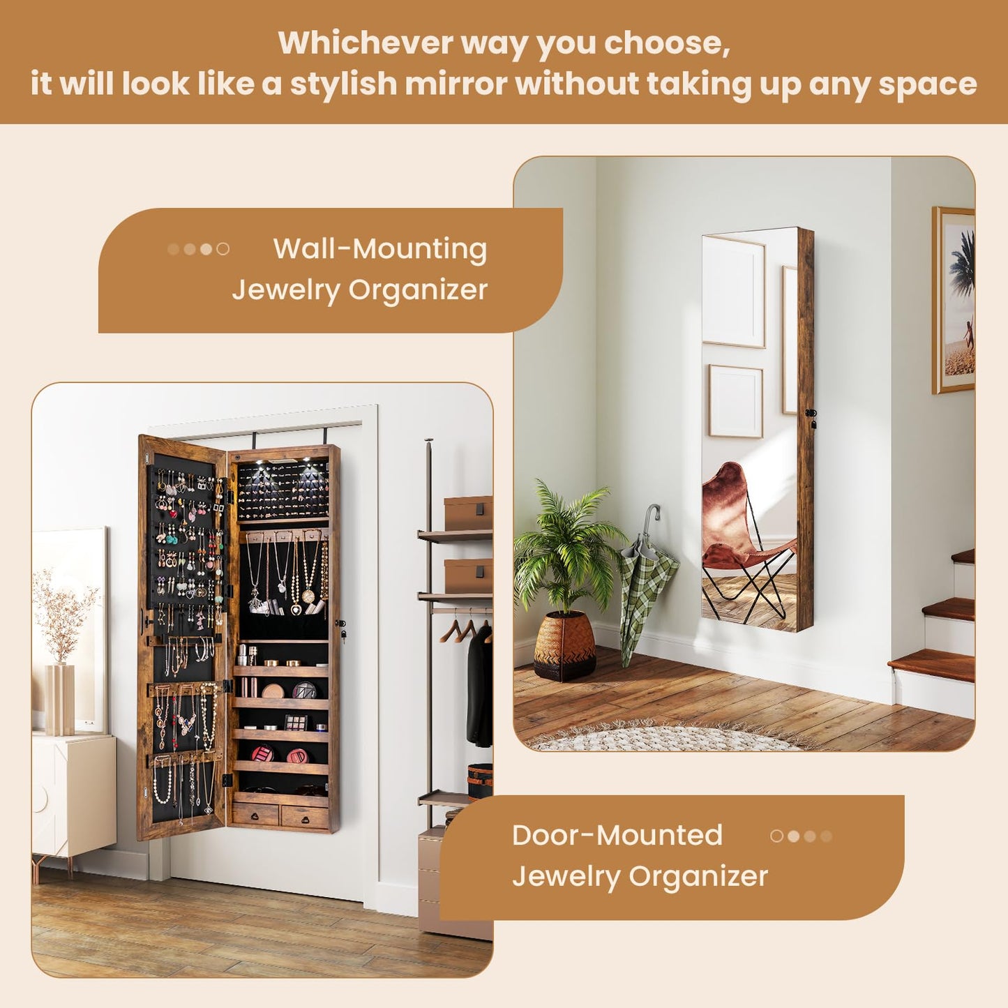 NAFORT 2 LEDs Full Length Mirror with Jewelry Armoire, Jewelry Organizers and Storage with 2 Mounting Options, 47.5”H Jewelry Cabinet with 2 Drawers, Make up & Lockable Jewelry Box, Rustic Brown