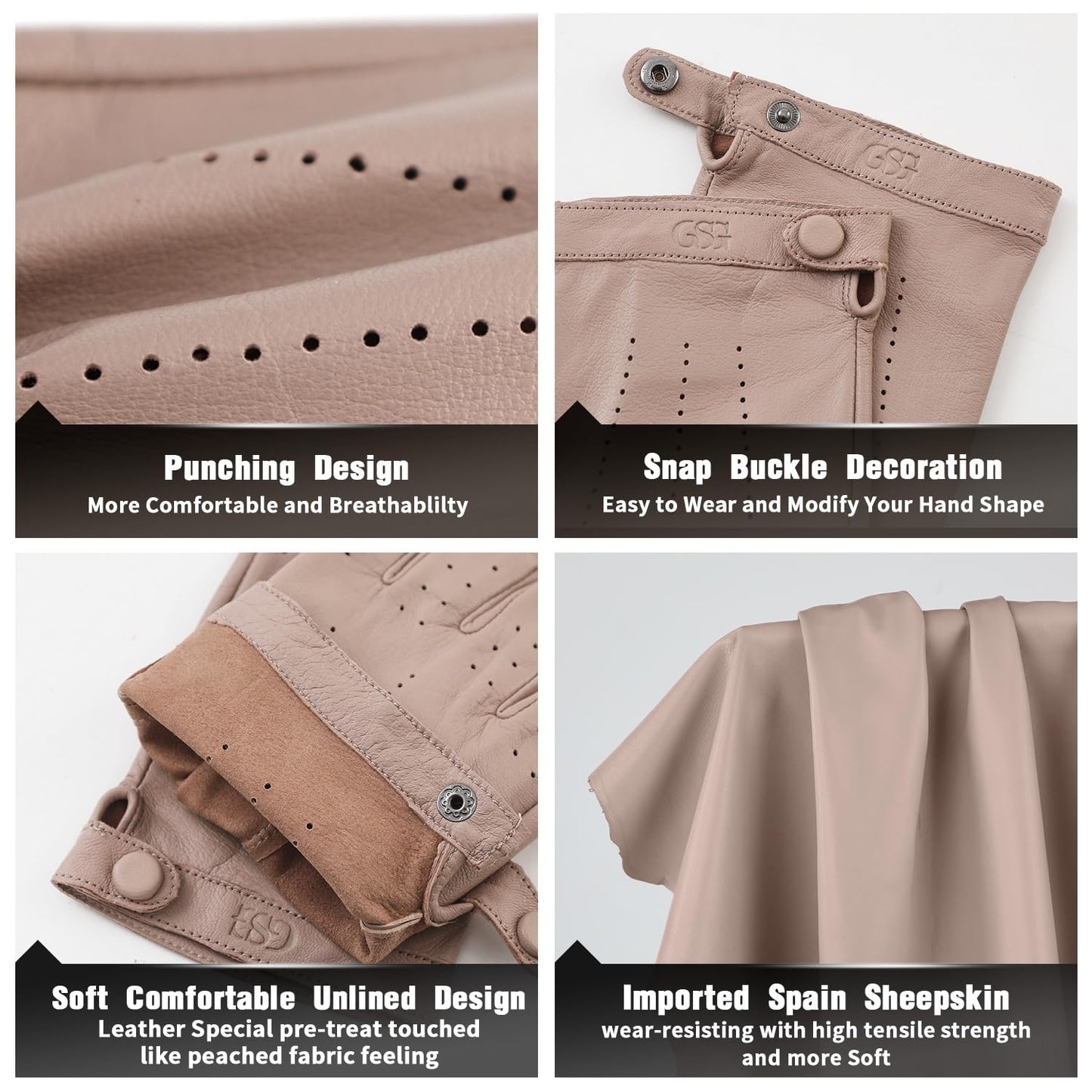 GSG Women Fingerless Sheepskin Leather Gloves & Half Finger Driving Gloves with Wrist Snap and Velvet Pouch & Soft Breathable Lambskin for Motorcycle Dance Cosplay Beige Small