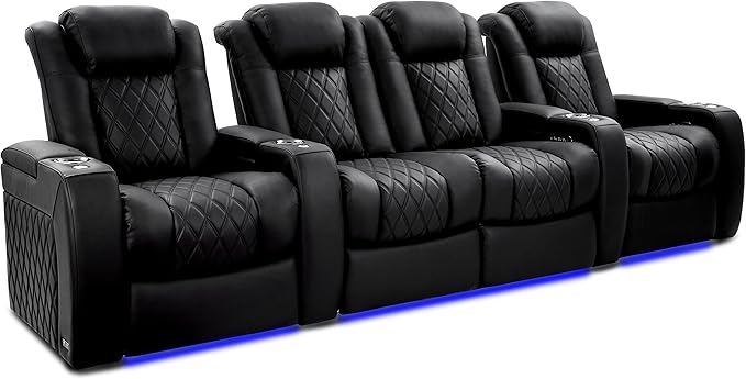 Valencia Tuscany Home Theater Seating Semi-Aniline Italian Nappa 20000 Leather Ultimate Luxury Heat & Ventilation Power Recliner Power Lumbar and Headrest (Row of 4 Loveseat Center, Onyx)