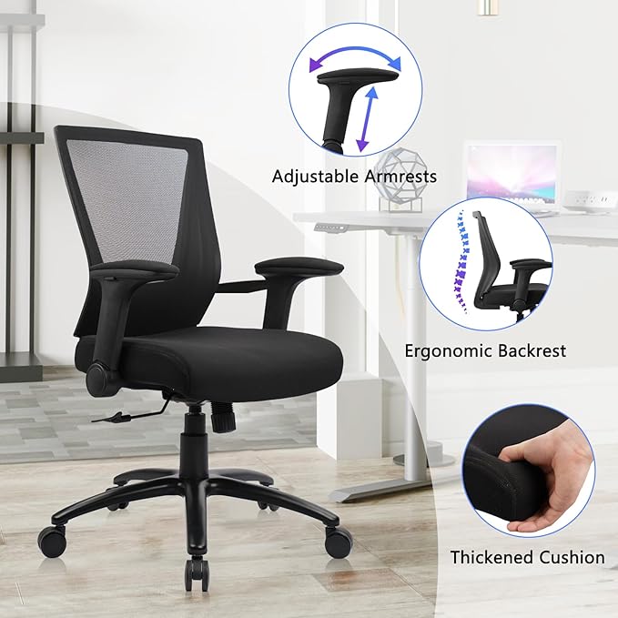 CLATINA Big and Tall Office Chair Heavy Duty Ergonomic Desk Chair 500lbs with Flip-up Arms & Wide Thick Seat Cushion Home Executive Swivel Mesh Chair for Study, Conference, Black (8 PK)