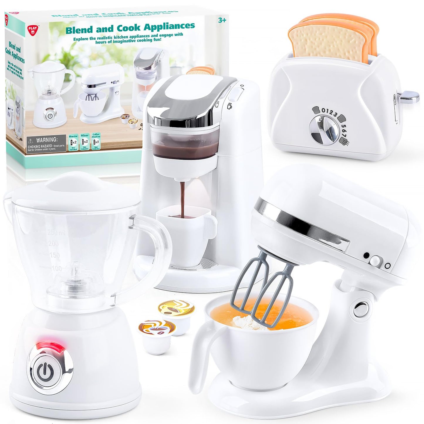 Kids Toy Kitchen Sets, Play Kitchen Accessories for Kids Ages 4-8 3-5, Kitchen Appliance Toys, Blender, Coffee Maker Machine, Mixer, Toaster, Pretend Play Toys for 4 Year Old Girls Toddlers, White