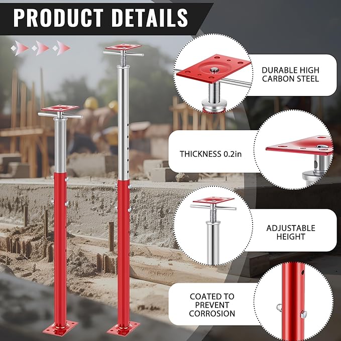 Yaocom 4 Pcs Adjustable Jack Post, 37"-61" Height Range, Basement Floor House Screw Jacks for Lifting Joist Beam Brace for Cellar Ceiling, Center Point Load Capacity 11023 Lbs, Red