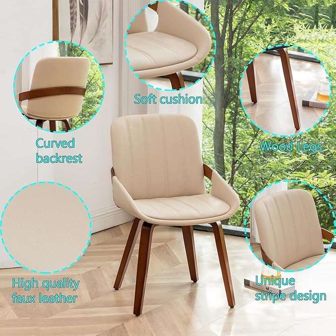 YOUUGIOR Mid Century Modern Faux Leather Upholstered Dining Chairs,Armless Accent Chairs with Sturdy Natural Wood Legs,Bamboo Backrest Support for Kitchen&Dining Room Chairs(1PCS,Beige)