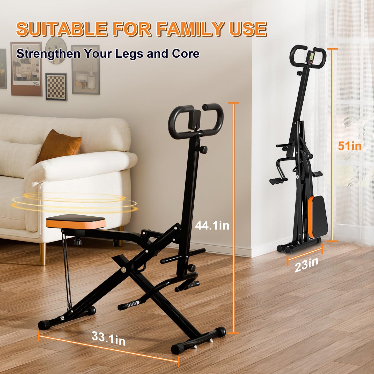 RIVANO Squat Machine, Ab Workout Equipment, 265lbs Loading Capacity Rowing Machines for Home Foldable with Adjustable Resistance Bands and Display, Exercise Trainer for Botty Butt Thighs, Black