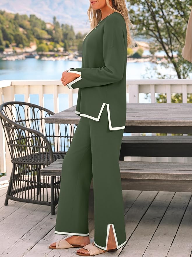 LILLUSORY Women Fall 2 Piece Lounge Set Outfits Sweatsuits Long Sleeve Sweater Tops Wide Leg Pants