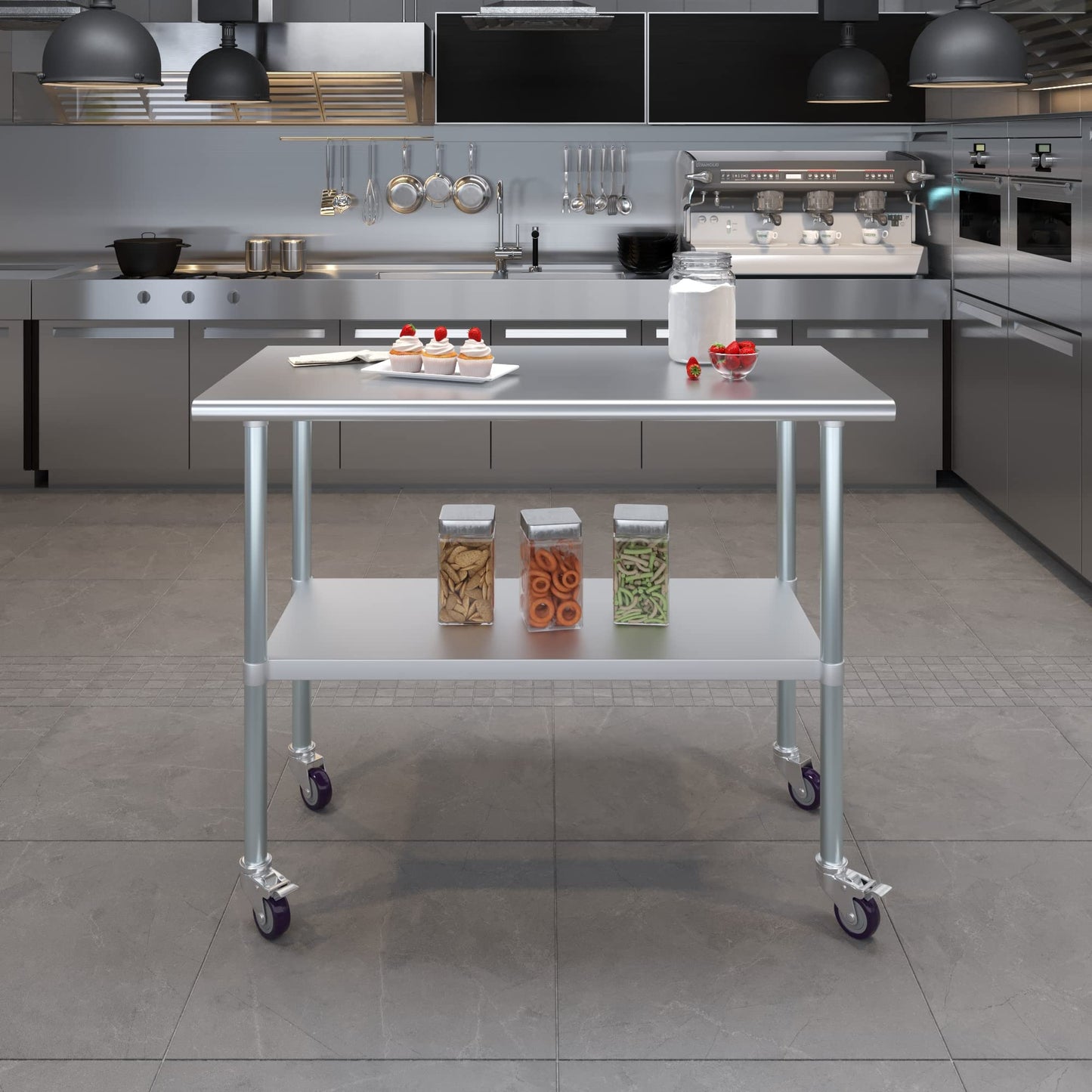 AmGood 24 in. x 48 in. Stainless Steel Work Table with Wheels | Metal Kitchen Food Prep Table | NSF