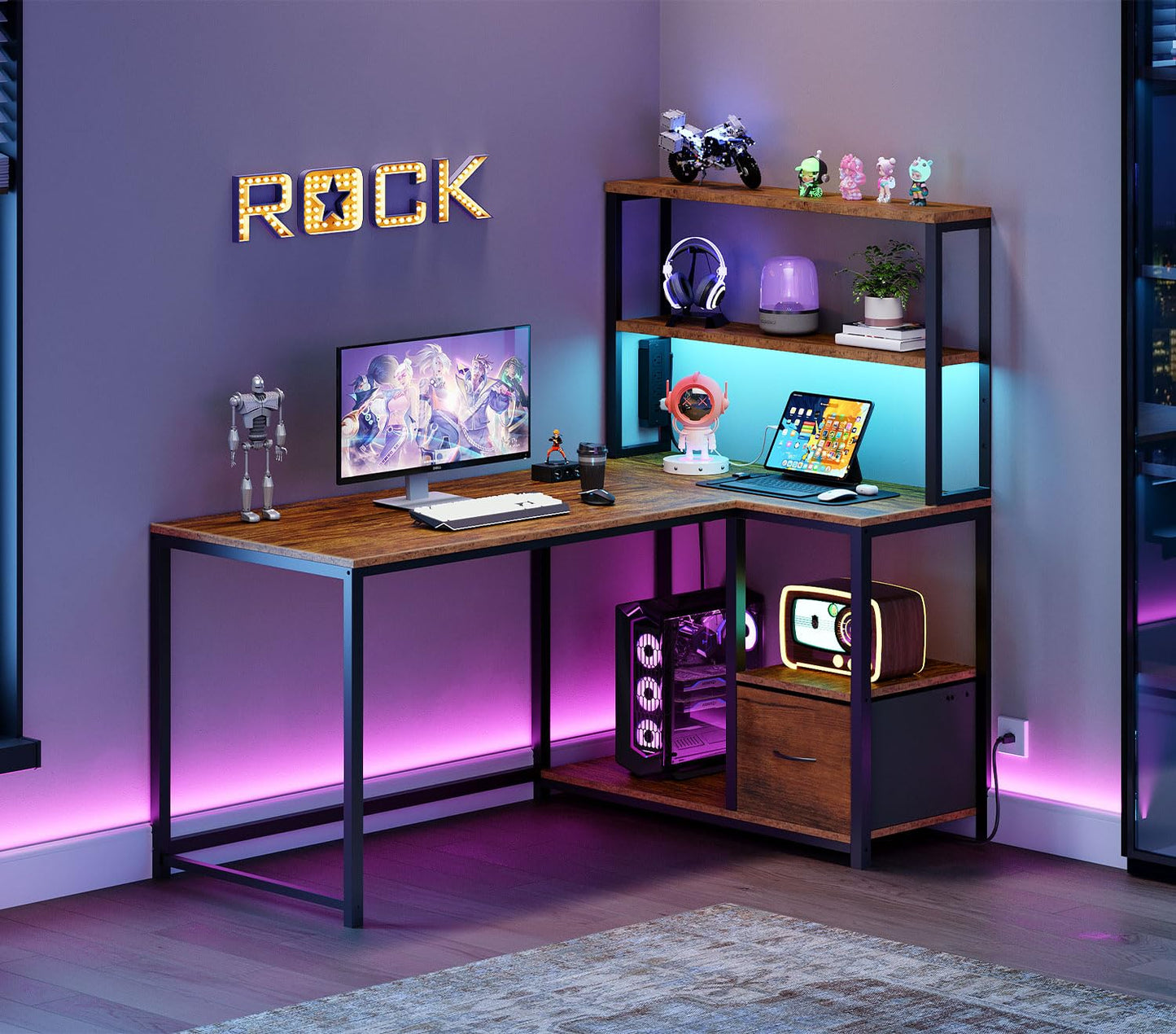 HOOBRO L Shaped Gaming Desk, 46 Inch Reversible Computer Desk with LED Light & Power Outlet, Office Desk with Storage Shelves & Drawer, for Home Office, Study, Rustic Brown and Black BF18UDDN01