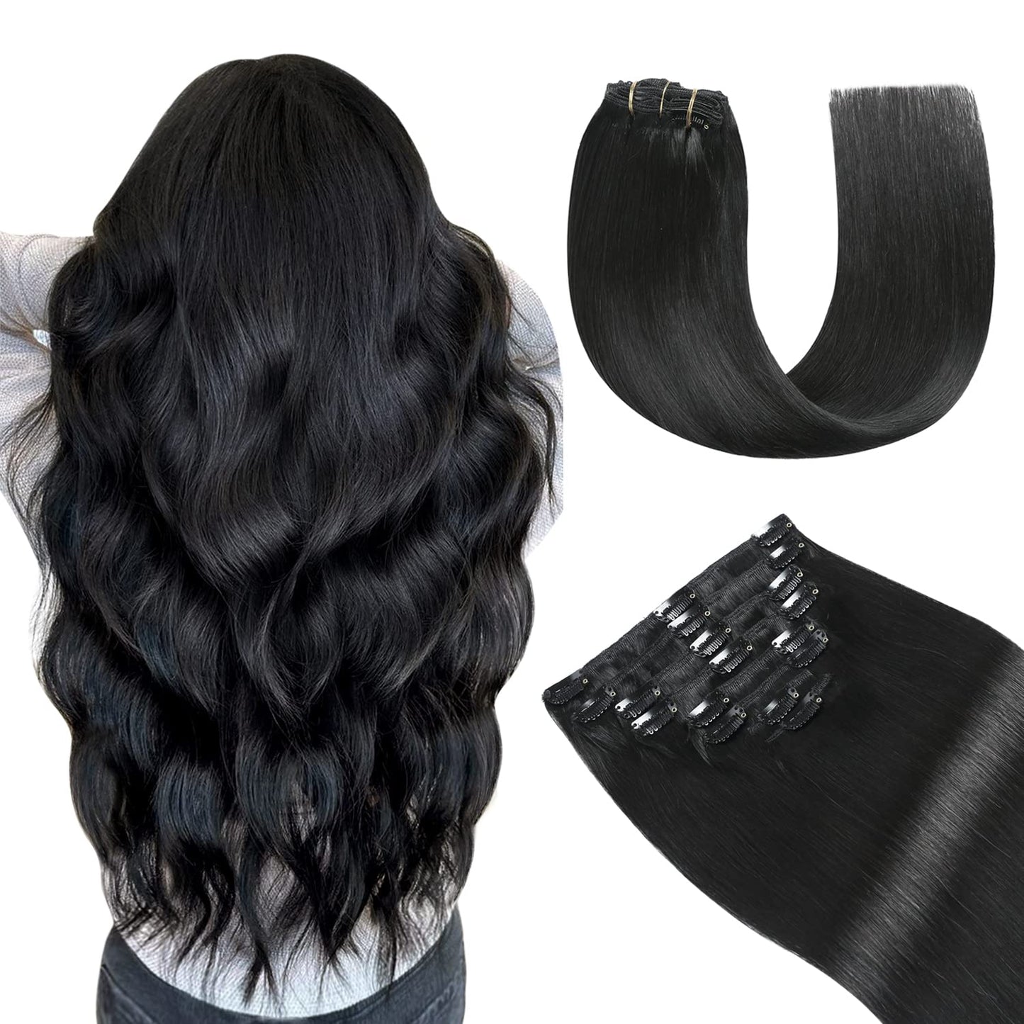 YILITE Clip in Hair Extensions Real Human Hair, Jet Black Human Hair Extensions Clip ins 8Pcs/Pack 110g Natural Silky Double Wef