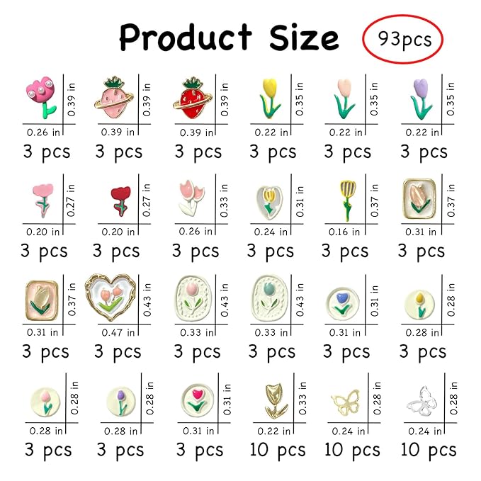 93 Pcs 3D Metal Spring Summer Flower Nail Charms with 24 Styles for Women Nail Art Decoration Jewelry