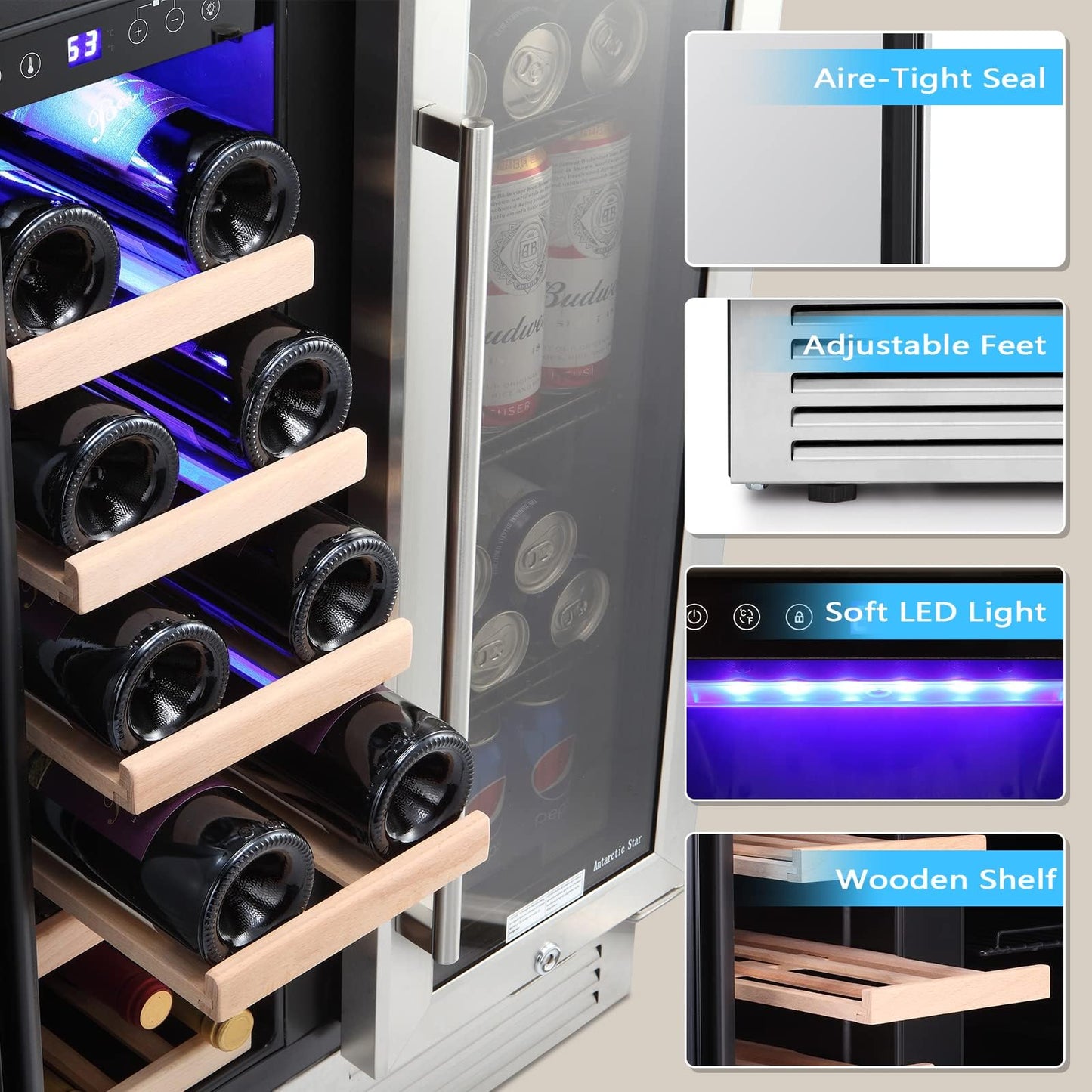 Antarctic Star Wine Fridge,15 Inch Wine Cooler Refrigerator Under Counter(41-68°F),28 Bottles Built-in Dual Zone &Freestanding Wine Refrigerator with Stainless Steel & Double-Layer Tempered Glass Door