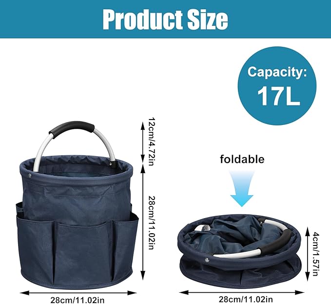 17L Cleaning Caddy with Handle,Foldable Tool Storage Basket,Garden Tool Organizer with 6 Pockets,Portable Cleaning Bucket Organiser for Storing Towels,Home Storage (Navy Blue)
