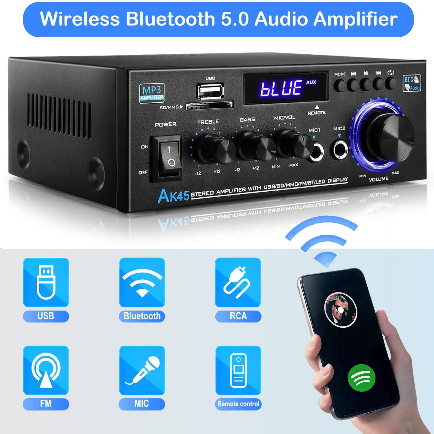 Ak45 Stereo Amplifiers Home Audio, Stereo Receivers 300W Home 2 Channel Bluetooth 5.0 Power Amplifier System, Fm Radio, Usb, Sd