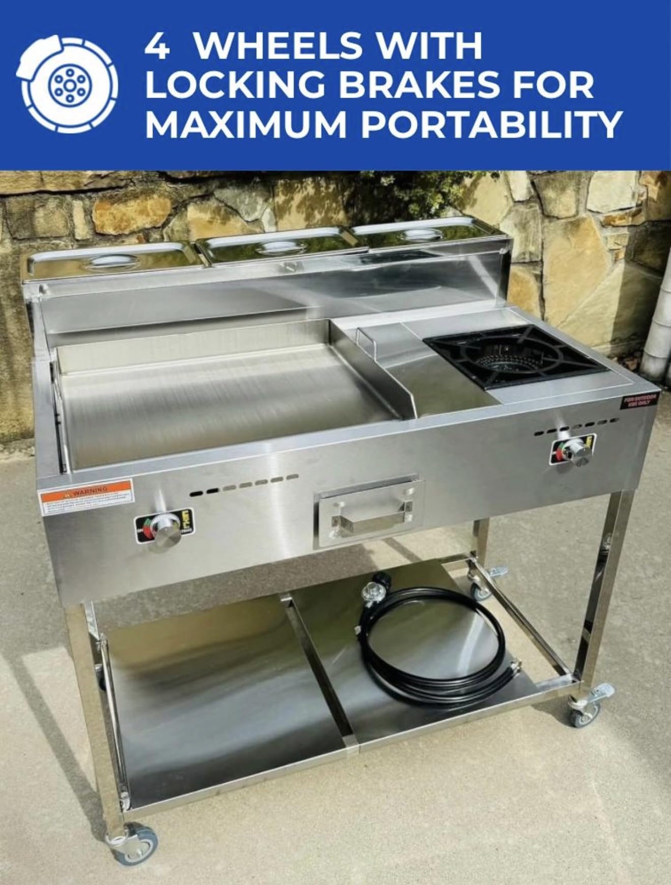 Burner Stove and Flat Top Griddle Cart | 20” Stainless Steel Griddle | 30,000 BTU Cast Iron Burner Stove | Outdoor Propane | Portable 4 Wheel | 3 Condiment Container Pans | Commercial & Home Use