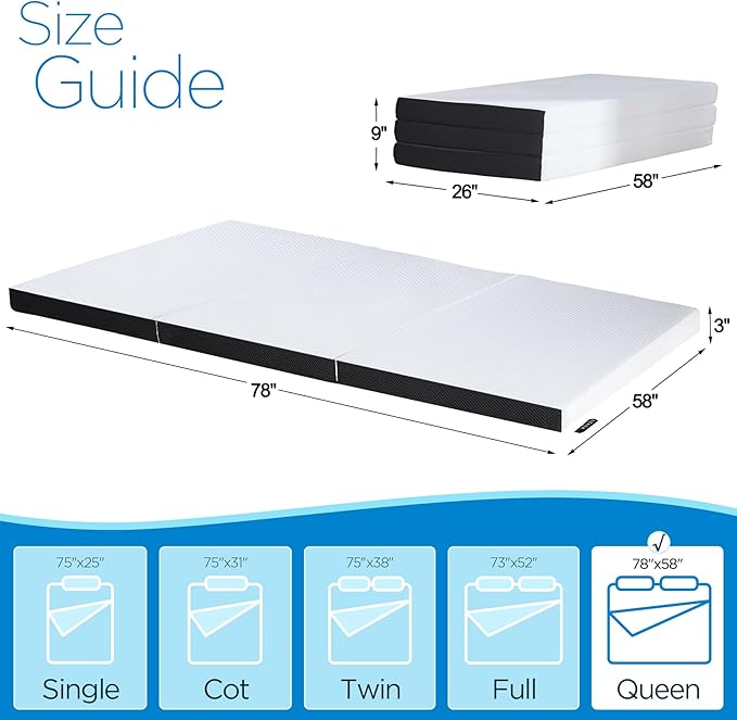 Roxzo Folding Mattress Queen Size, 3 inch Tri-fold Memory Foam Mattress Topper with Washable Cover,Foldable Mattress Topper for Camping,Road Trip,Guest - Queen Size, 78" x 58" x 3"