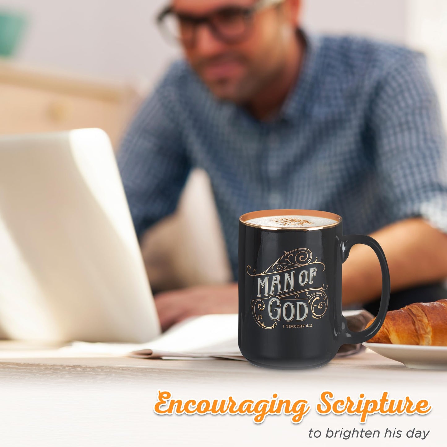 Christian Art Gifts Large Ceramic Inspirational Scripture Coffee & Tea Mug for Men: Man of God Encouraging Bible Verse, Sturdy Golden, Non-toxic Novelty Hot/Cold Beverage Cup, Black & Brown, 14 oz.