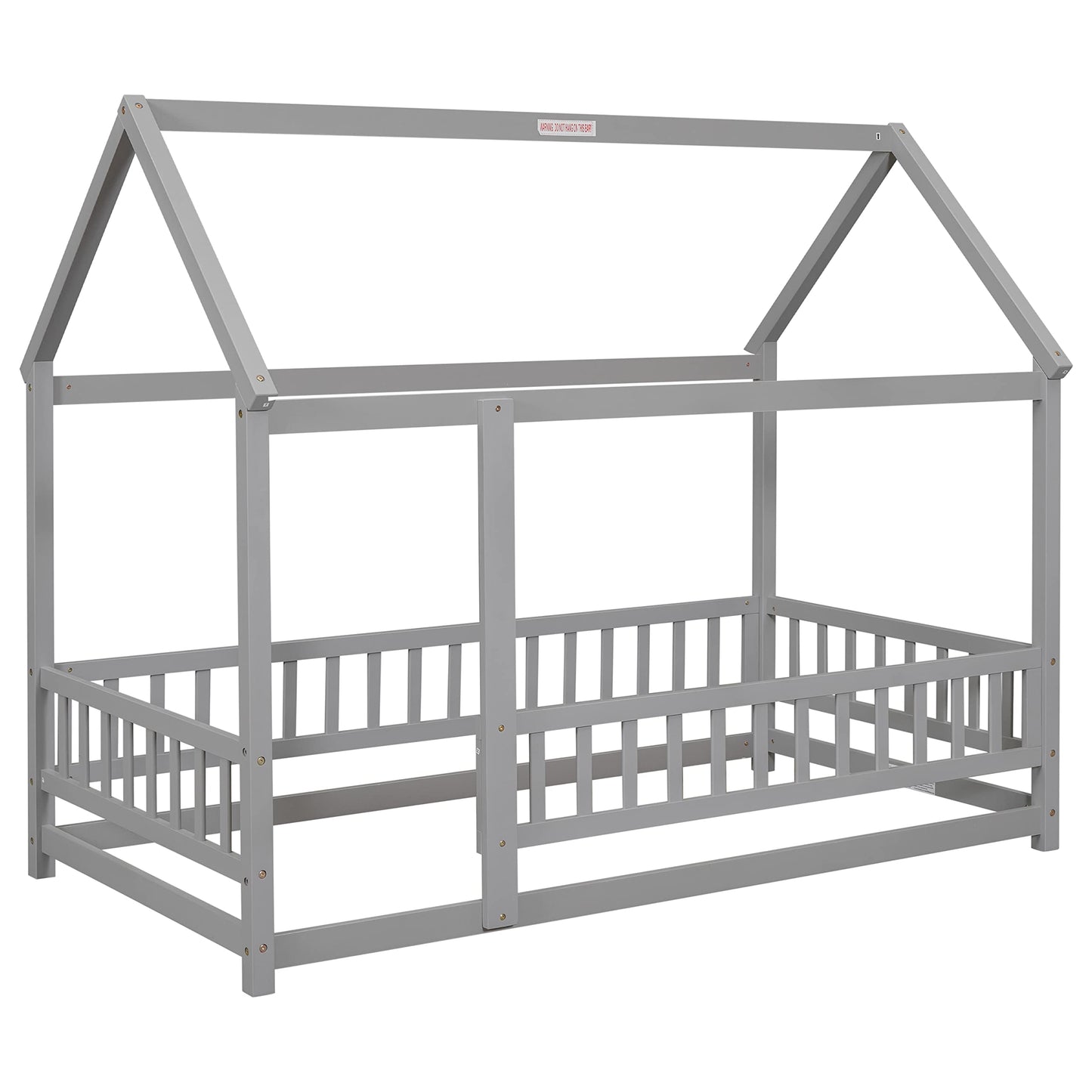 Bellemave Twin Size House Floor Bed Frame,Wooden Montessori Floor Bed with Fence for Kids,Twin Size Kids Bed,Gray
