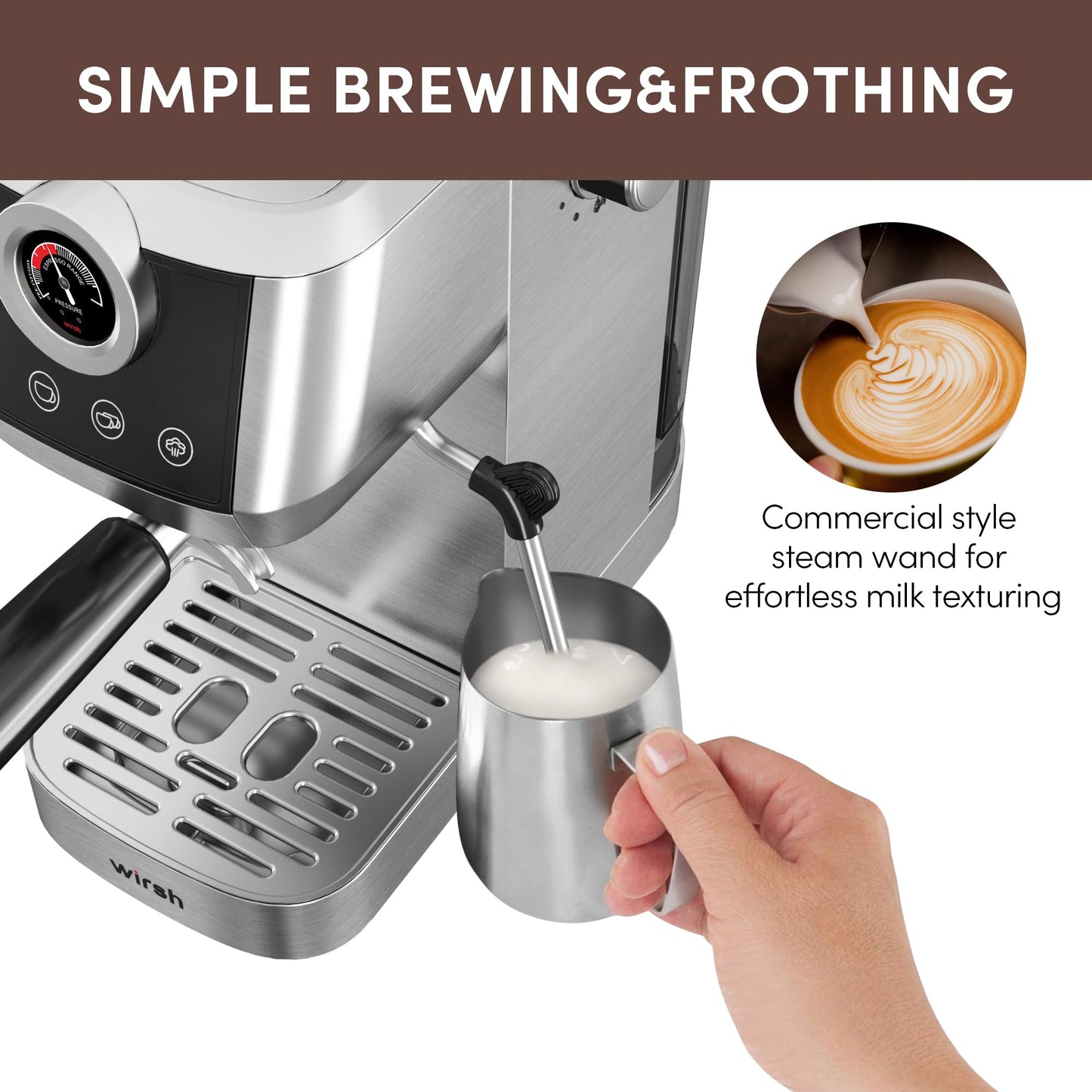 wirsh Espresso Machine,20 Bar Semi-Automatic Espresso Maker with Milk Frother Steamer&Touch Screen,Compact Stainless Steel Expresso Machine for Latte & Cappuccino,42oz Tank,UPGRADE