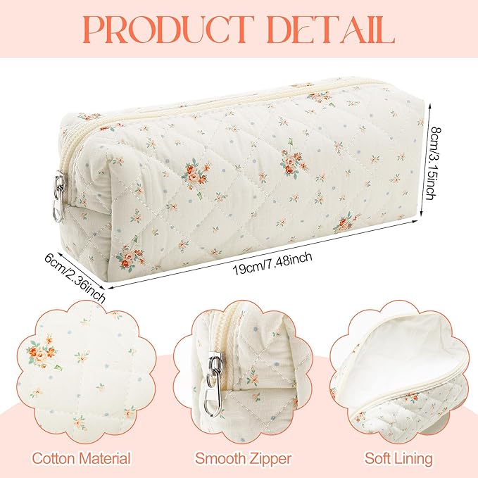 Paterr Aesthetic Floral Makeup Bag Travel Cosmetic Bag for Women Gift Christmas Portable Quilted Makeup Pouch Cotton Pencil Case Kawaii Cute Toiletry Organizer Case for Women Girls(White Flower)