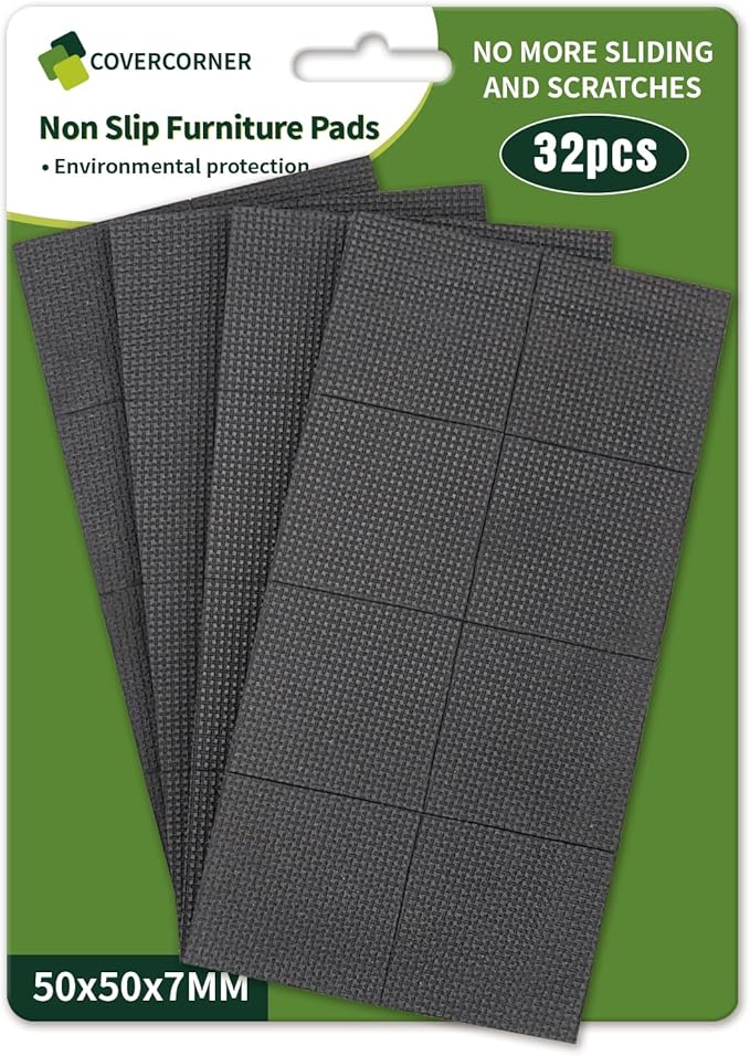 COVERCORNER Non Slip Furniture Pads 32 PCS 2'' Square - Anti Slip Furniture Pads - Self Adhesive Rubber Feet Furniture Feet - Chair Leg Floor Protectors - Keep Furniture in Place