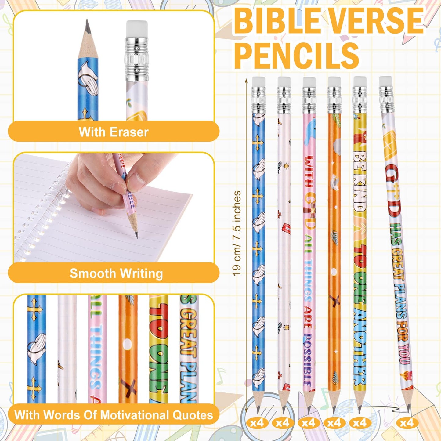 Crtiin 48 Pcs Include 24 Bible Verse Notepad 24 Pencils Kids Christian Church Gifts Students Classroom Award Religious Notebook Bible Pencils Prayer Pocket Sunday School(Classic Style,Eclectic)
