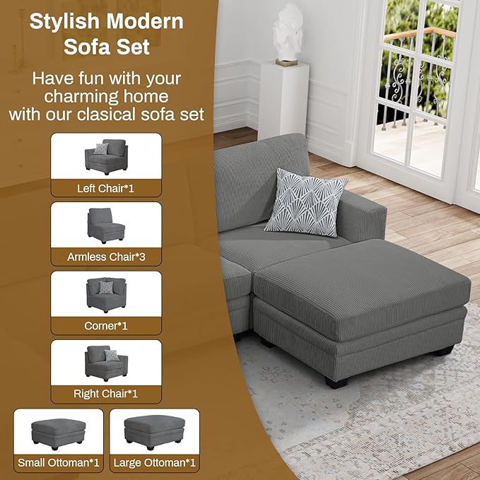 Legend Vansen Oversized Modular Sectional Sofa,8 Seat U Shaped Couch with Ottoman,Corduroy Sofa with Deep Seat,Convertible Large Sectional Couches for Living Room (Grey, U-8)