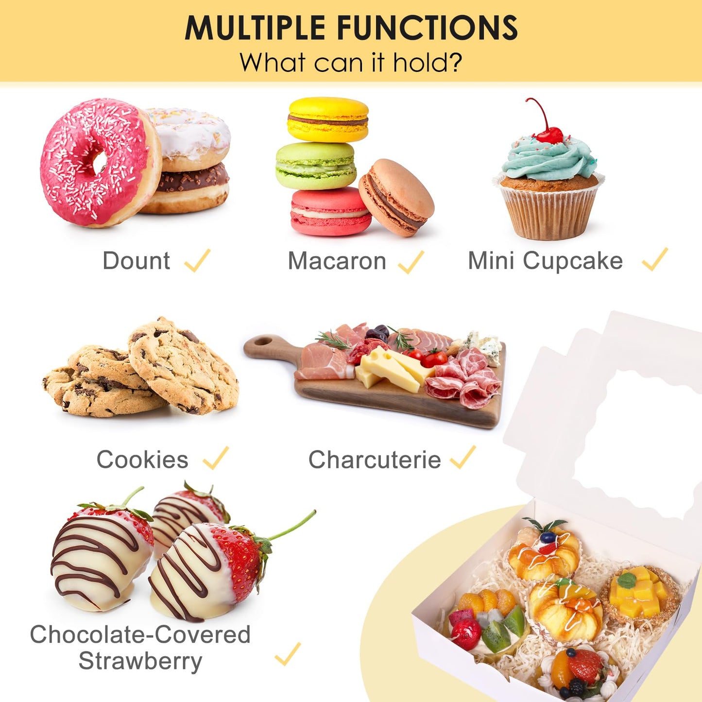 Moretoes 30pcs Bakery Boxes, 8x8x2.5 Cookie Boxes with Window, White Treat Containers for Donuts, Chocolate Strawberries, Pie