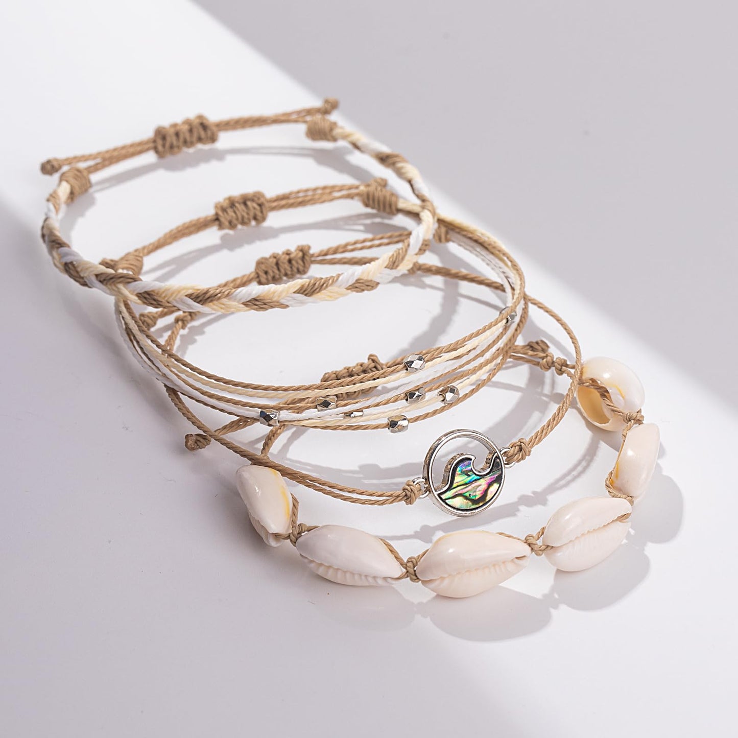 FANCY SHINY Wave String Bracelets Braid Puka Shell Bead Bracelets Handmade Cute Trendy Boho Abalone Jewelry Gifts for Women(Sand